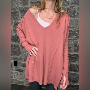 We The Free Split-Neck Top, Long Sleeve Side Slits Sienna MEDIUM 100% Cotton